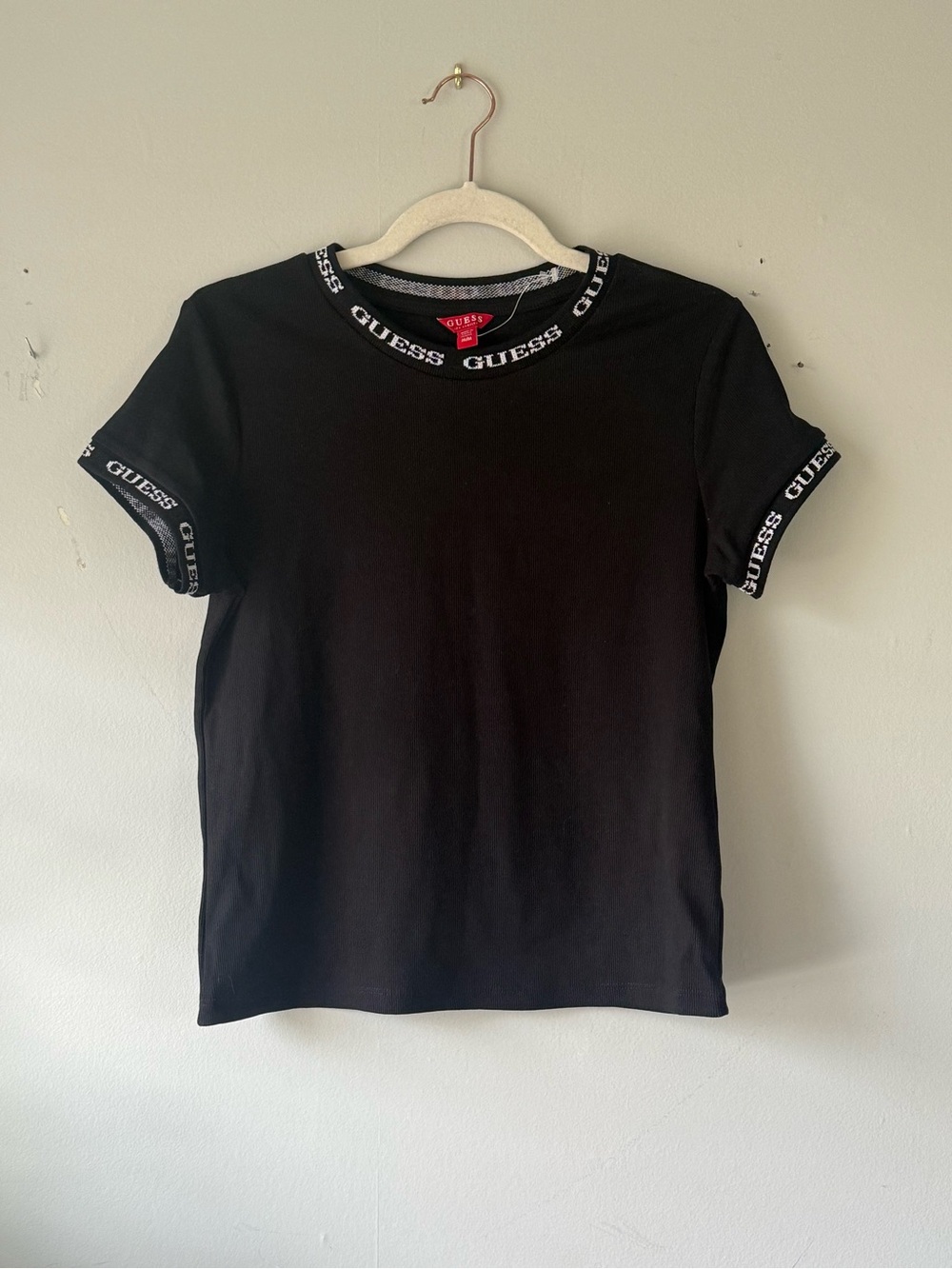 Guess Black Ribbed T Shirt Logo Coller & Sleeves Medium